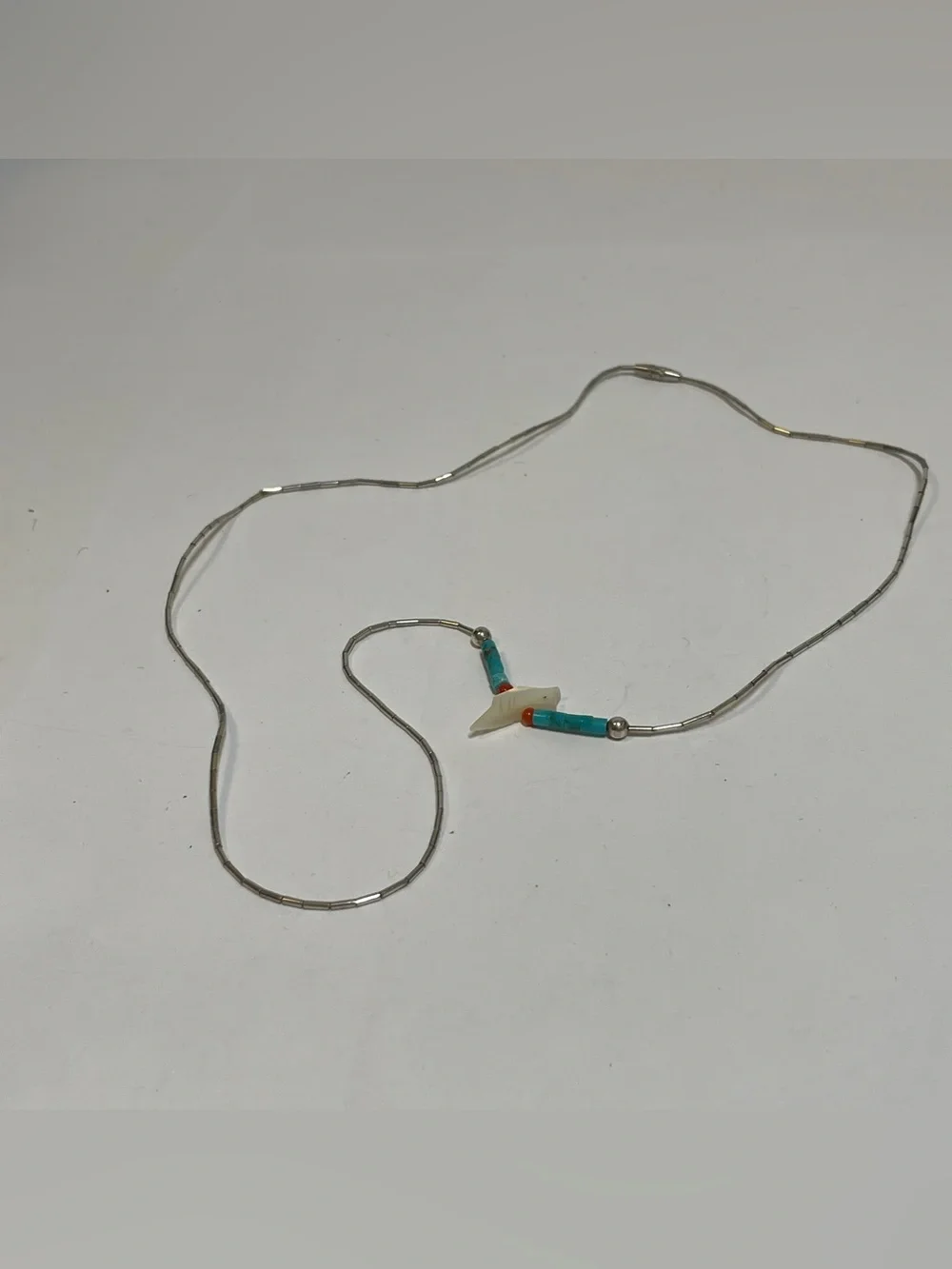 Native American SW Style Silver, Turquoise  Coral Bird Necklace, 21”, 4.40g